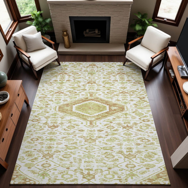 HomeRoots 10' Washable Floral Area Rug in Ivory, Salmon & Green - Stain Resistant, UV Protected & Durable Design 691794