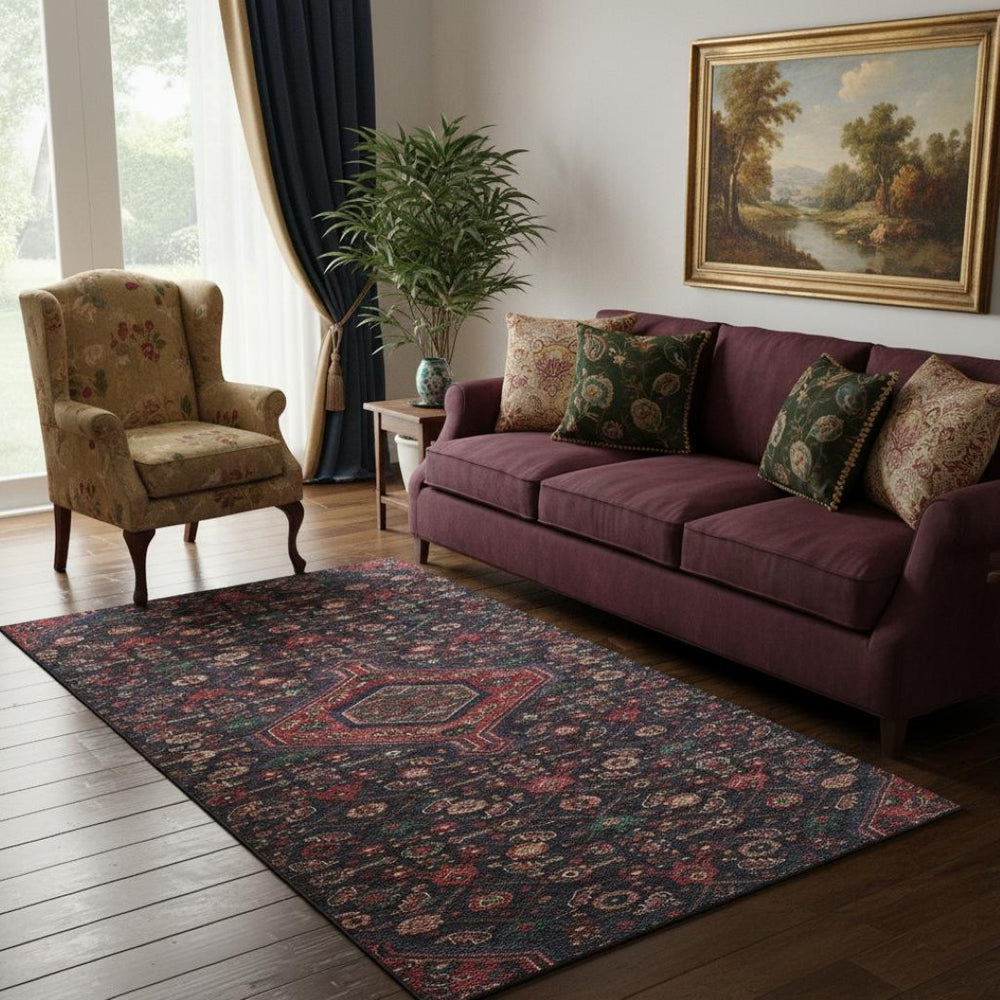 HomeRoots 5' X 8' Navy Blue, Teal & Blush Floral Area Rug - Washable, UV-Protected & Perfect for High Traffic Areas 691796