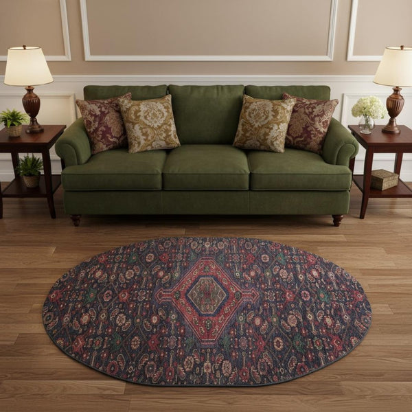 HomeRoots 8' X 8' Navy Blue Teal & Blush Floral Round Rug - Washable, UV-Protected, Durable for High-Traffic Areas 691797