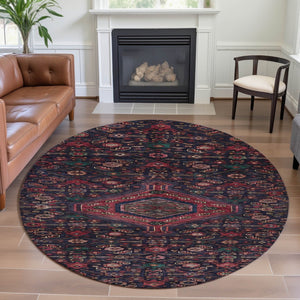 HomeRoots 8' X 8' Navy Blue Teal & Blush Floral Round Rug - Washable, UV-Protected, Durable for High-Traffic Areas 691797