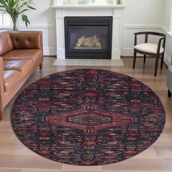 HomeRoots 8' X 8' Navy Blue Teal & Blush Floral Round Rug - Washable, UV-Protected, Durable for High-Traffic Areas 691797