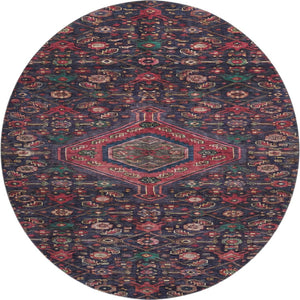HomeRoots 8' X 8' Navy Blue Teal & Blush Floral Round Rug - Washable, UV-Protected, Durable for High-Traffic Areas 691797