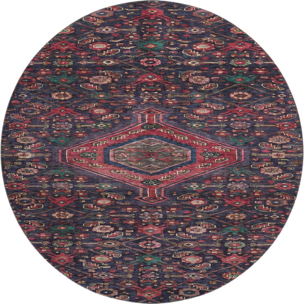 HomeRoots 8' X 8' Navy Blue Teal & Blush Floral Round Rug - Washable, UV-Protected, Durable for High-Traffic Areas 691797