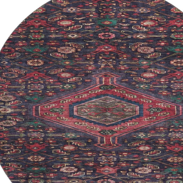 HomeRoots 8' X 8' Navy Blue Teal & Blush Floral Round Rug - Washable, UV-Protected, Durable for High-Traffic Areas 691797