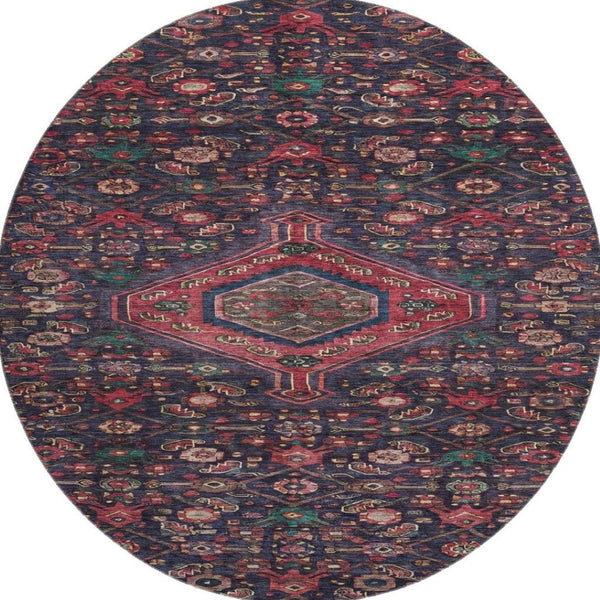HomeRoots 8' X 8' Navy Blue Teal & Blush Floral Round Rug - Washable, UV-Protected, Durable for High-Traffic Areas 691797