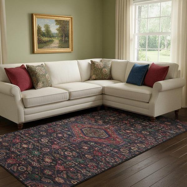 HomeRoots 8' Washable Navy Blue, Teal & Blush Floral Area Rug - UV Protected, Durable, Perfect for Homes! 691798