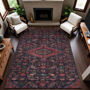 HomeRoots 9' X 12' Washable Floral Area Rug - Navy, Teal & Blush, UV Protected, Durable & Stain Resistant Design 691799
