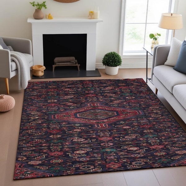 HomeRoots 10' X 14' Navy Blue Teal Blush Floral Washable Area Rug - Durable, Stylish & UV Protected for Homes 691800
