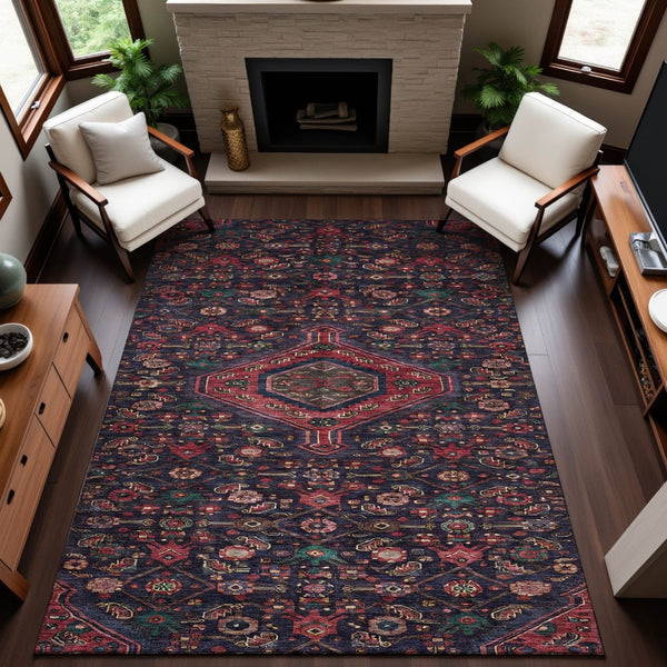 HomeRoots 10' X 14' Navy Blue Teal Blush Floral Washable Area Rug - Durable, Stylish & UV Protected for Homes 691800