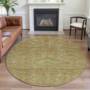 HomeRoots 8' Round Floral Washable Rug - Terra Cotta & Artichoke Green with UV Protection & Non-Slip Backing 691809