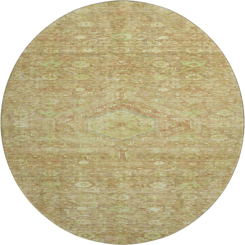 HomeRoots 8' Round Floral Washable Rug - Terra Cotta & Artichoke Green with UV Protection & Non-Slip Backing 691809