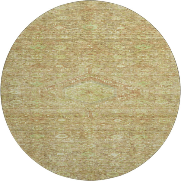 HomeRoots 8' Round Floral Washable Rug - Terra Cotta & Artichoke Green with UV Protection & Non-Slip Backing 691809