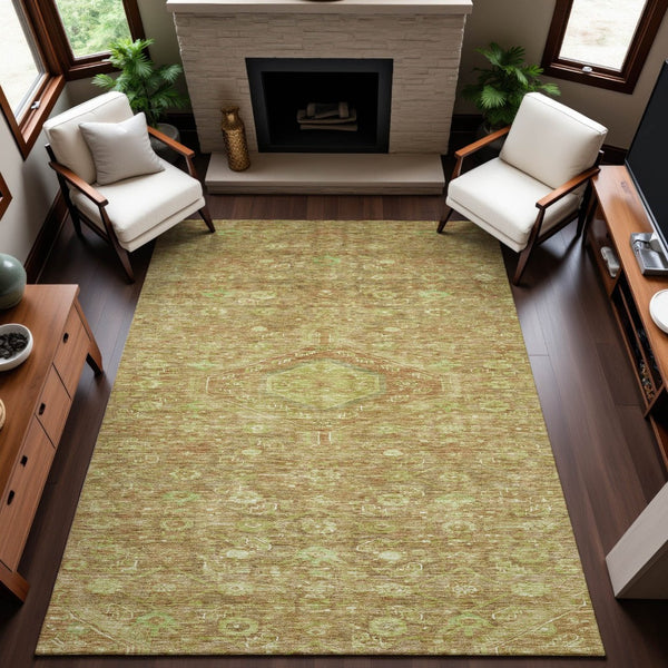 HomeRoots 9' X 12' Floral Area Rug in Terra Cotta & Artichoke Green - UV Protection, Stain-Resistant & Durable 691811