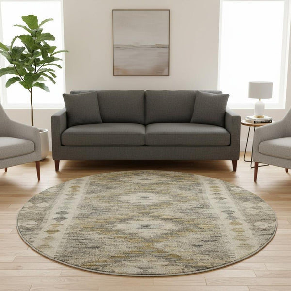 HomeRoots 8' X 8' Beige Gray Ivory Round Washable Rug with UV Protection - Durable & Stylish for Modern Homes 691815