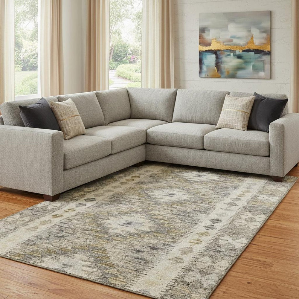 HomeRoots 8' Beige Gray Ivory Geometric Washable Area Rug - UV Protected, Stain-Resistant, Non-Slip Design 691816
