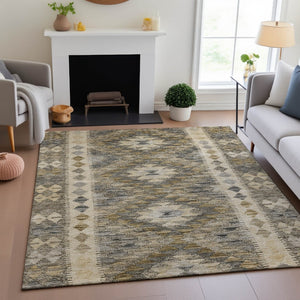 HomeRoots 9' X 12' Washable Beige Gray Ivory Geometric Area Rug - Durable, UV-Protected, Family-Friendly Design 691817