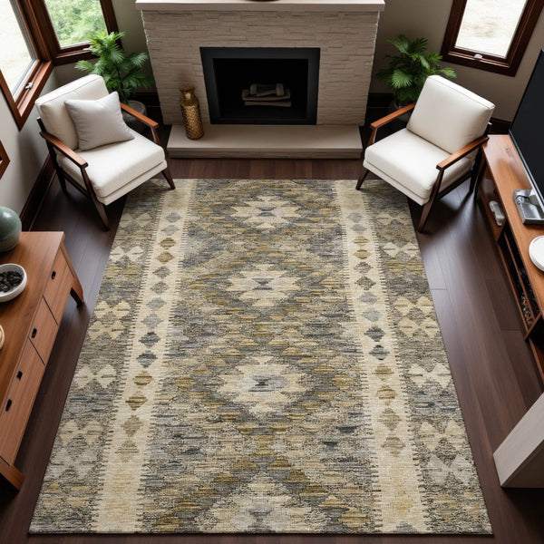HomeRoots 9' X 12' Washable Beige Gray Ivory Geometric Area Rug - Durable, UV-Protected, Family-Friendly Design 691817