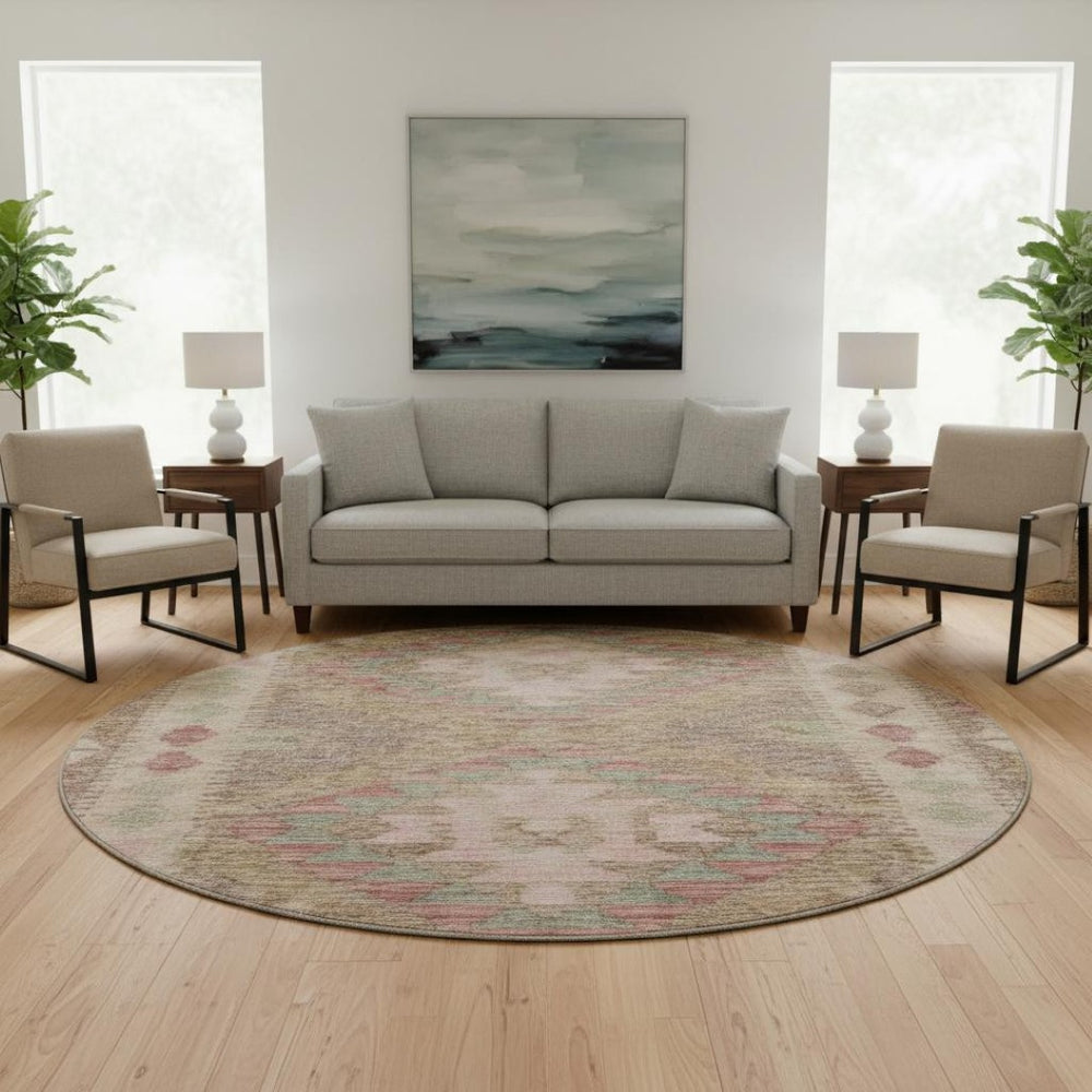 HomeRoots 8' X 8' Round Rug in Brown, Pink & Teal – Geometric Design with UV Protection & Washable Durability 691821