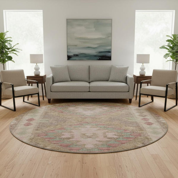 HomeRoots 8' X 8' Round Rug in Brown, Pink & Teal – Geometric Design with UV Protection & Washable Durability 691821