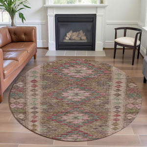 HomeRoots 8' X 8' Round Rug in Brown, Pink & Teal – Geometric Design with UV Protection & Washable Durability 691821