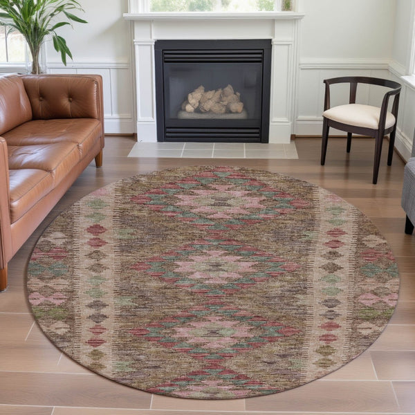 HomeRoots 8' X 8' Round Rug in Brown, Pink & Teal – Geometric Design with UV Protection & Washable Durability 691821