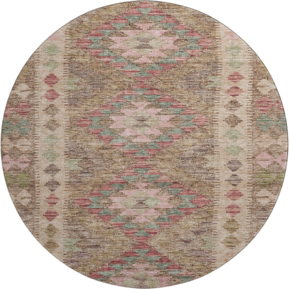 HomeRoots 8' X 8' Round Rug in Brown, Pink & Teal – Geometric Design with UV Protection & Washable Durability 691821
