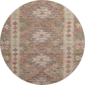 HomeRoots 8' X 8' Round Rug in Brown, Pink & Teal – Geometric Design with UV Protection & Washable Durability 691821