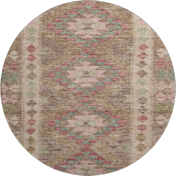 HomeRoots 8' X 8' Round Rug in Brown, Pink & Teal – Geometric Design with UV Protection & Washable Durability 691821