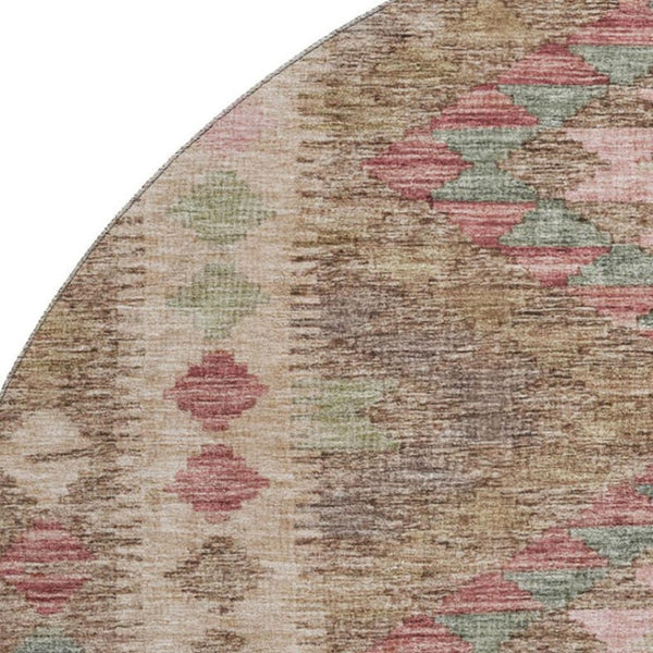 HomeRoots 8' X 8' Round Rug in Brown, Pink & Teal – Geometric Design with UV Protection & Washable Durability 691821