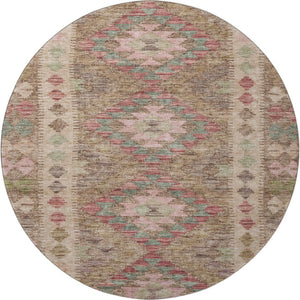 HomeRoots 8' X 8' Round Rug in Brown, Pink & Teal – Geometric Design with UV Protection & Washable Durability 691821