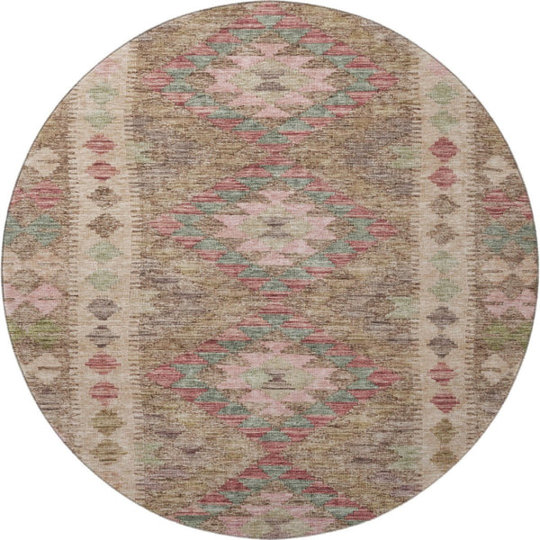 HomeRoots 8' X 8' Round Rug in Brown, Pink & Teal – Geometric Design with UV Protection & Washable Durability 691821