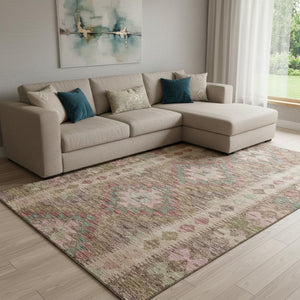 HomeRoots 8' Brown Pink Teal Geometric Washable Area Rug – Modern, Durable, UV-Protected for Family Spaces 691822