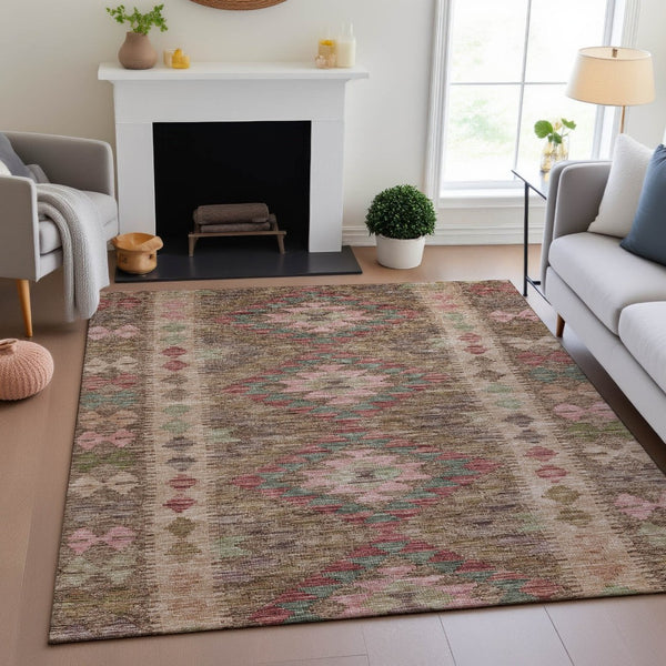 HomeRoots 10' X 14' Vibrant Geometric Area Rug - Brown, Pink & Teal, Stain-Resistant, UV Protected, Durable Design 691824
