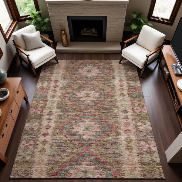 HomeRoots 10' X 14' Vibrant Geometric Area Rug - Brown, Pink & Teal, Stain-Resistant, UV Protected, Durable Design 691824