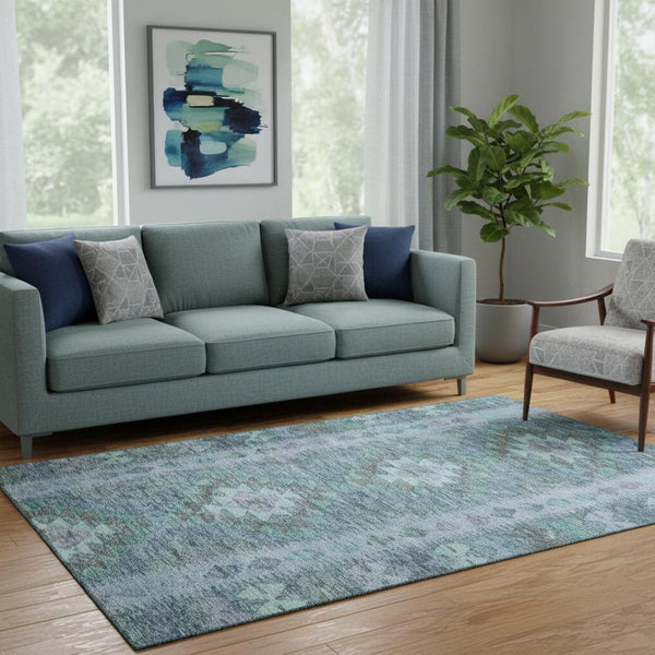 HomeRoots 5' X 8' Geometric Blue and Pale Aqua Washable Area Rug with UV Protection for Easy Care & Style 691826