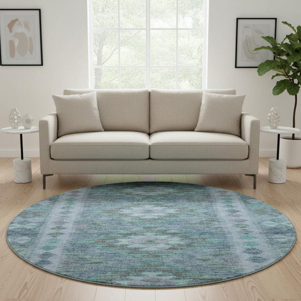 HomeRoots 8' X 8' Modern Blue & Aqua Geometric Washable Round Rug with UV Protection for Easy Care Living Spaces 691827