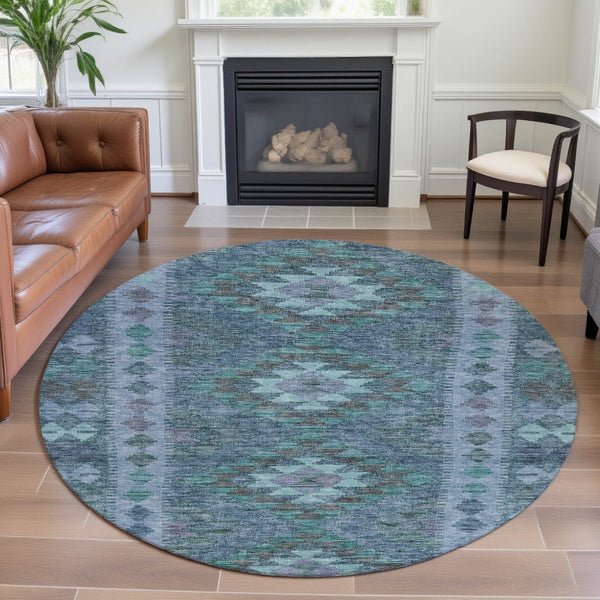 HomeRoots 8' X 8' Modern Blue & Aqua Geometric Washable Round Rug with UV Protection for Easy Care Living Spaces 691827
