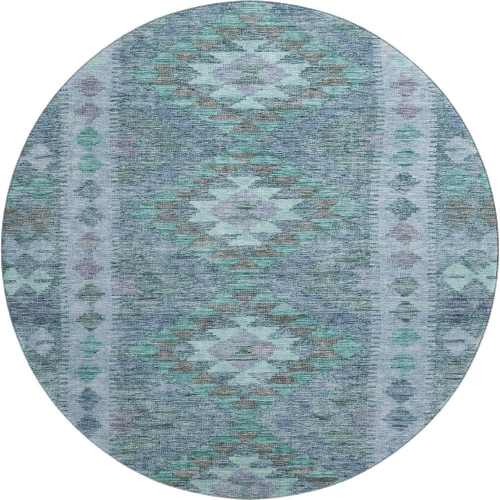 HomeRoots 8' X 8' Modern Blue & Aqua Geometric Washable Round Rug with UV Protection for Easy Care Living Spaces 691827
