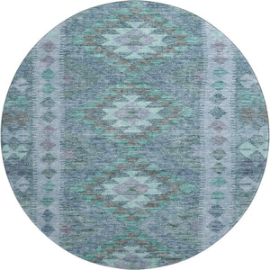 HomeRoots 8' X 8' Modern Blue & Aqua Geometric Washable Round Rug with UV Protection for Easy Care Living Spaces 691827