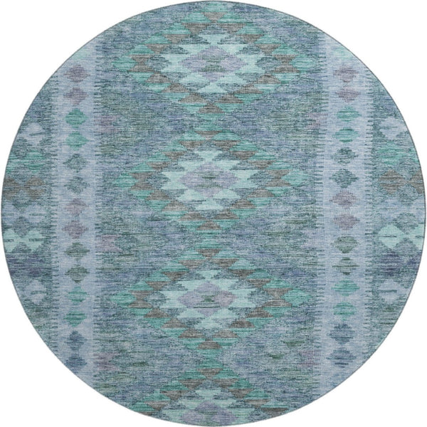 HomeRoots 8' X 8' Modern Blue & Aqua Geometric Washable Round Rug with UV Protection for Easy Care Living Spaces 691827