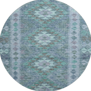 HomeRoots 8' X 8' Modern Blue & Aqua Geometric Washable Round Rug with UV Protection for Easy Care Living Spaces 691827