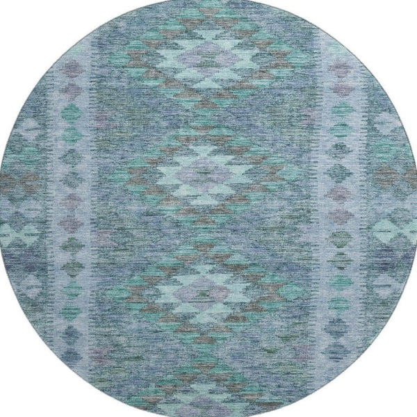 HomeRoots 8' X 8' Modern Blue & Aqua Geometric Washable Round Rug with UV Protection for Easy Care Living Spaces 691827