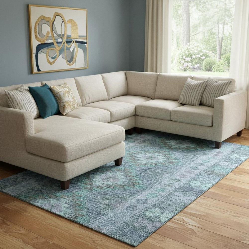 HomeRoots 8' Blue and Pale Aqua Geometric Area Rug - Washable, UV Protected, Stain Resistant, Soft Comfort! 691828