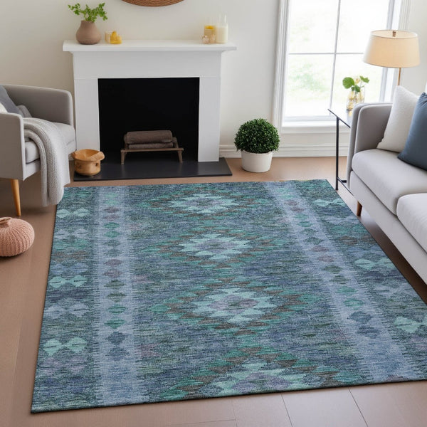 HomeRoots 10' Modern Geometric Blue & Aqua Washable Area Rug - UV Resistant, Stain-Resistant, Durable Design 691830