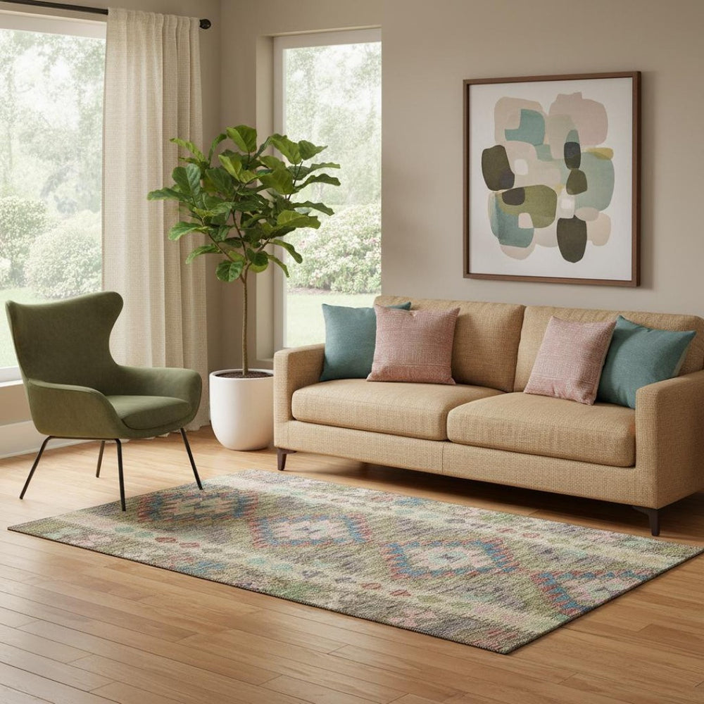 HomeRoots 5' X 8' Vibrant Geometric Area Rug in Green, Pink & Blue - Washable, UV-Protected, and Stylish! 691832