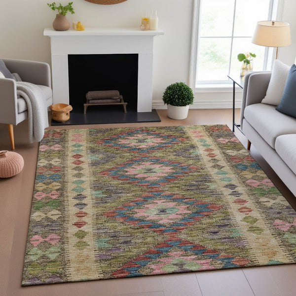 HomeRoots 5' X 8' Vibrant Geometric Area Rug in Green, Pink & Blue - Washable, UV-Protected, and Stylish! 691832