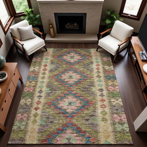 HomeRoots 5' X 8' Vibrant Geometric Area Rug in Green, Pink & Blue - Washable, UV-Protected, and Stylish! 691832