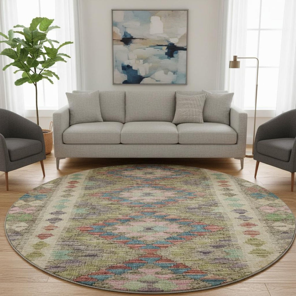 HomeRoots 8' X 8' Vibrant Geometric Washable Round Rug with UV Protection - Perfect for Kids, Pets & Style 691833