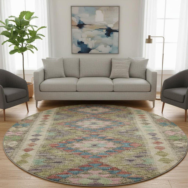 HomeRoots 8' X 8' Vibrant Geometric Washable Round Rug with UV Protection - Perfect for Kids, Pets & Style 691833