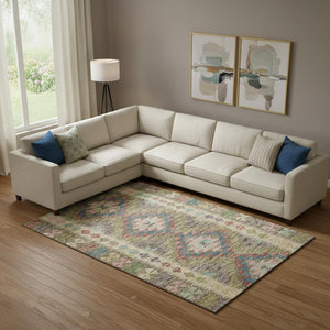 HomeRoots 10' X 14' Geometric Area Rug in Green, Pink & Blue - Washable, UV-Protected & Stain Resistant Design 691836